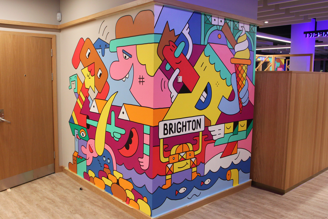Hand Painted Mural in Brighton Branch of Royal Bank of Scotand by Mister Phil Illustration Artist